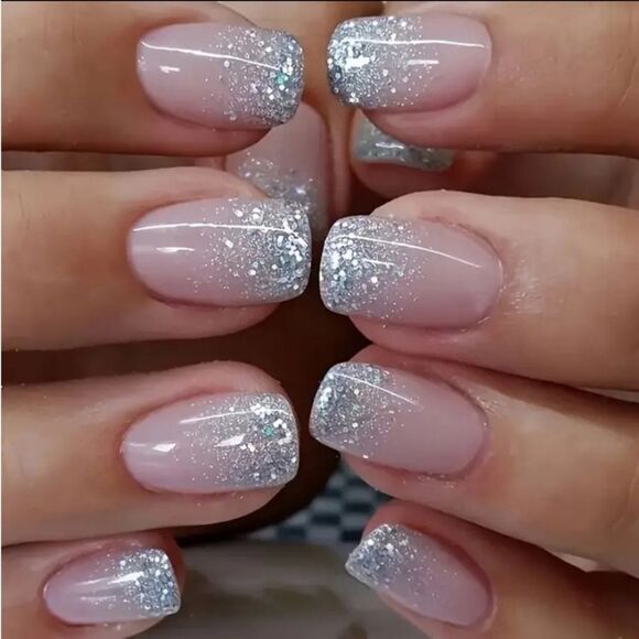 PRESS ON NAILS SHORT SQUARE SHIMMER NATURAL PINK GLITTER FRENCH TIP SET of 24 - Picture 1 of 5